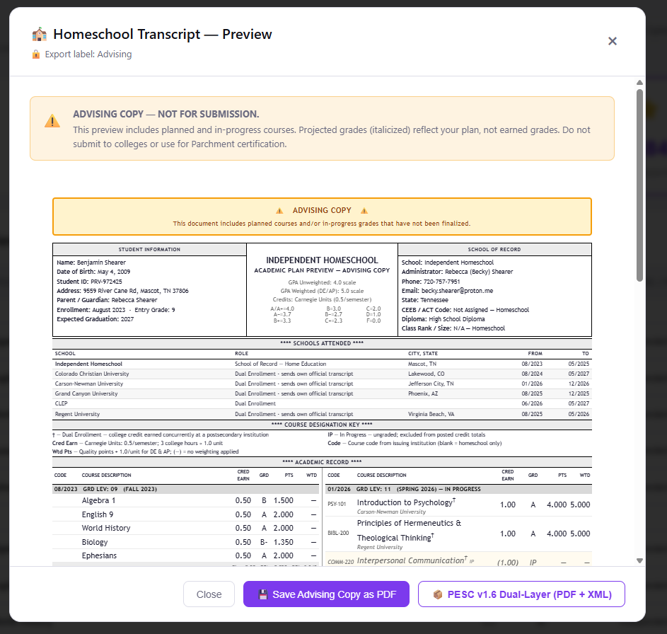 prevvu Official Transcript — college-ready format with weighted/unweighted GPA, course list by year, credit totals