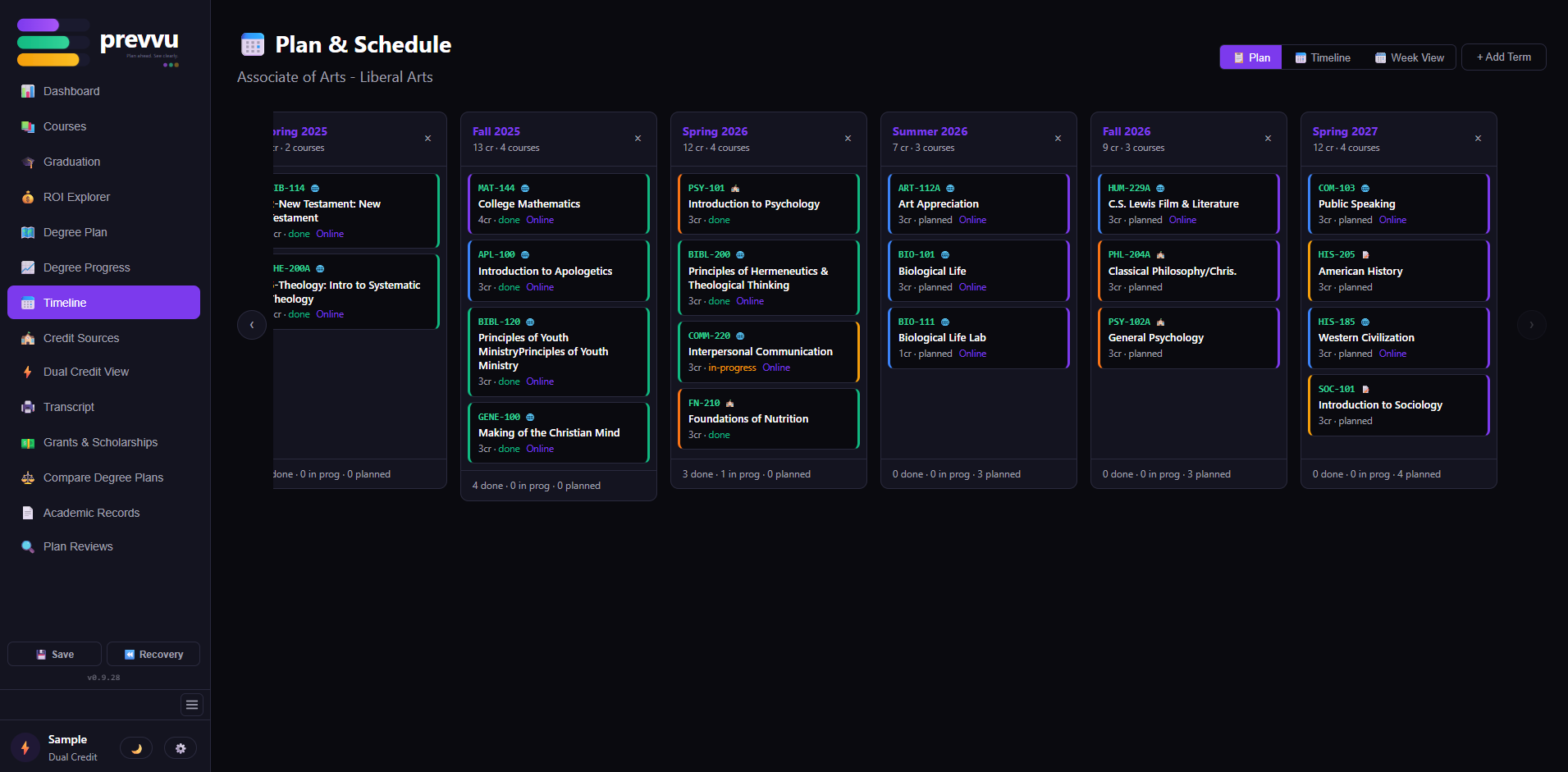 prevvu Plan & Schedule view — six semesters side-by-side with courses placed in each term, color-coded by status